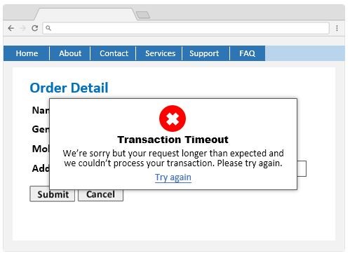 A webpage sample displaying a message box telling user the transaction has been timeout.