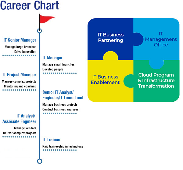 Career Path: The IT career path of the company includes IT Trainee, IT Analyst/Associate Engineer, Senior IT Analyst/Engineer/IT Team Lead, IT Project Manager, IT Manager, and IT Senior Manager, which spread across four areas of work: IT Management Office, Cloud Program and Infrastructure Transformation, IT Business Enablement and IT Business Partnering.