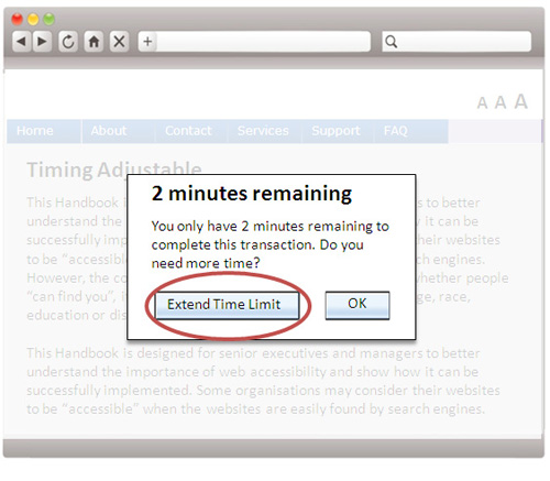 A website sample displaying a popup indicating that the user only has 2 minutes left to complete a transaction, with an ''Extend Time Limit'' button.