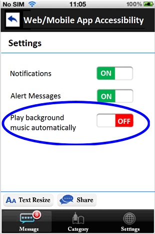 A sample mobile application setting page with the option to control the background music.