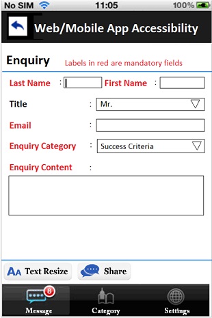A sample mobile application page with an input form, where the mandatory fields’ labels are in red colour.