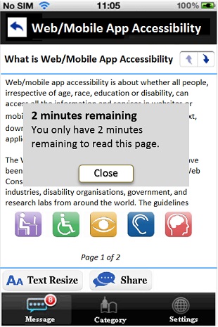 A sample mobile application page with a pop-up message which warns the user that there are only two minutes remaining.