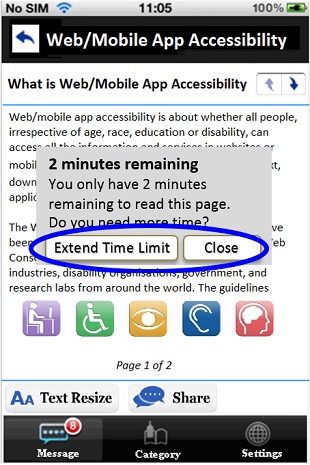 A sample mobile application page with a pop-up message which warns the user that there are only two minutes remaining and provides an option for user to extend the time limit.