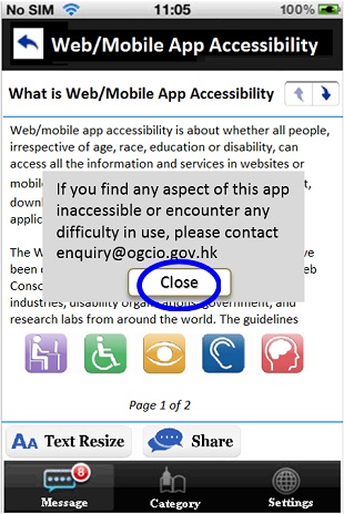 A sample mobile application page with a pop-up message containing a “Close” button.