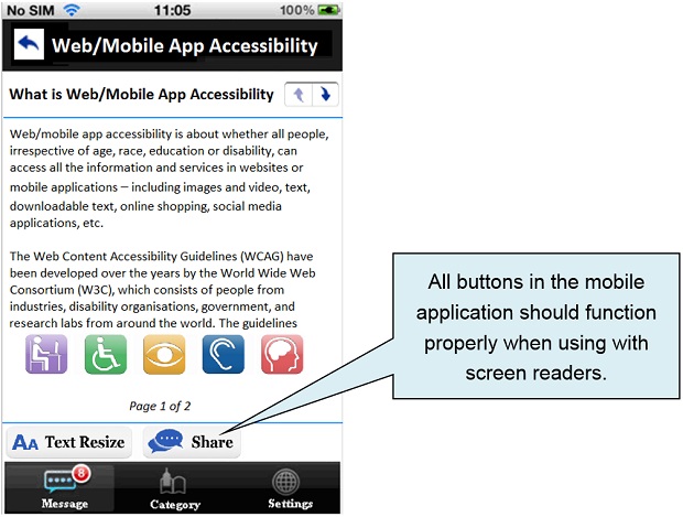 A sample mobile application page telling that all buttons should function properly when using with screen readers.