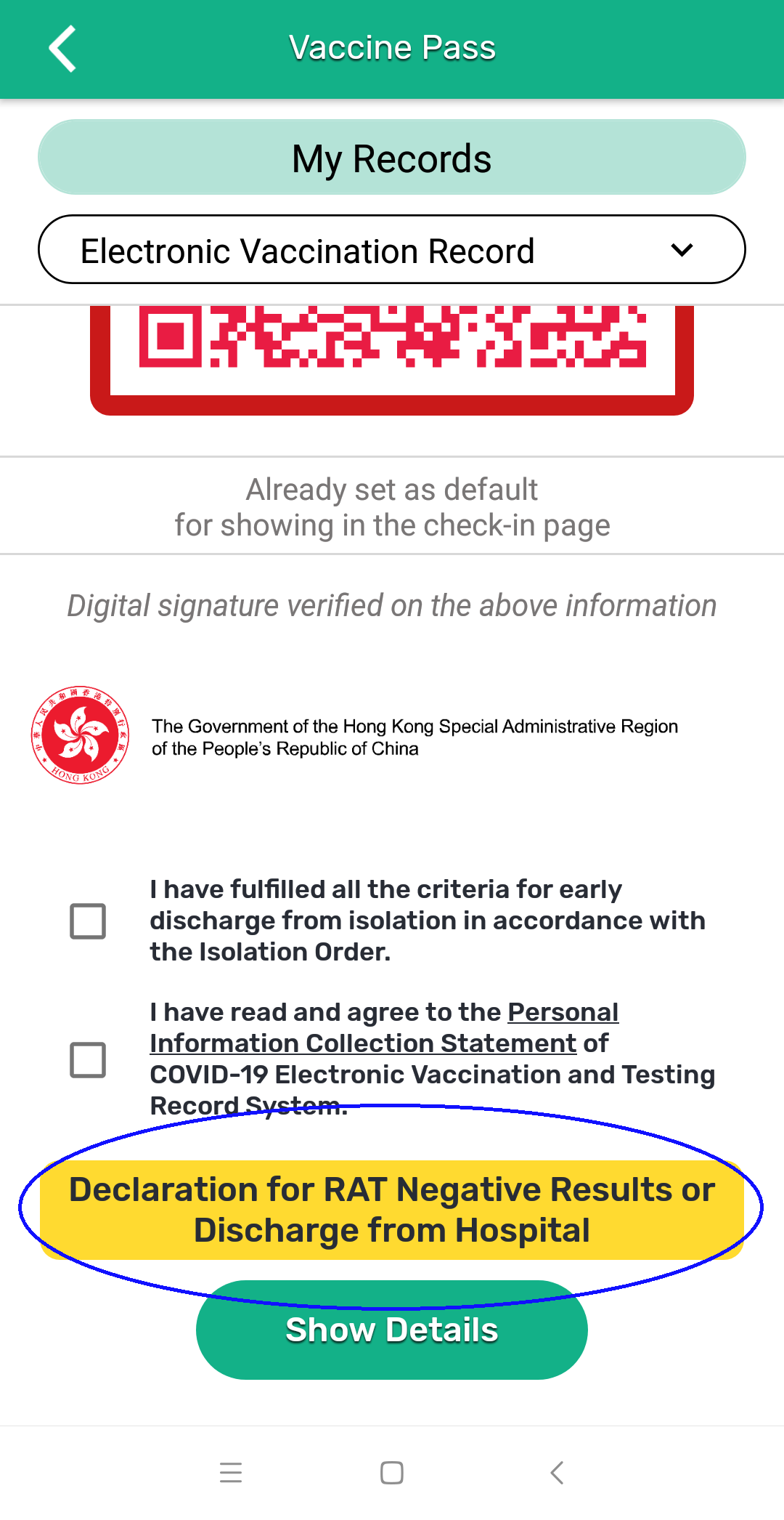 A new "Declaration for RAT Negative Results or Discharge from Hospital" button has been added to the "LeaveHomeSafe" mobile app today (October 31), allowing users infected with COVID-19 to complete isolation early on Day 7 or onwards by just one click in the mobile app.
