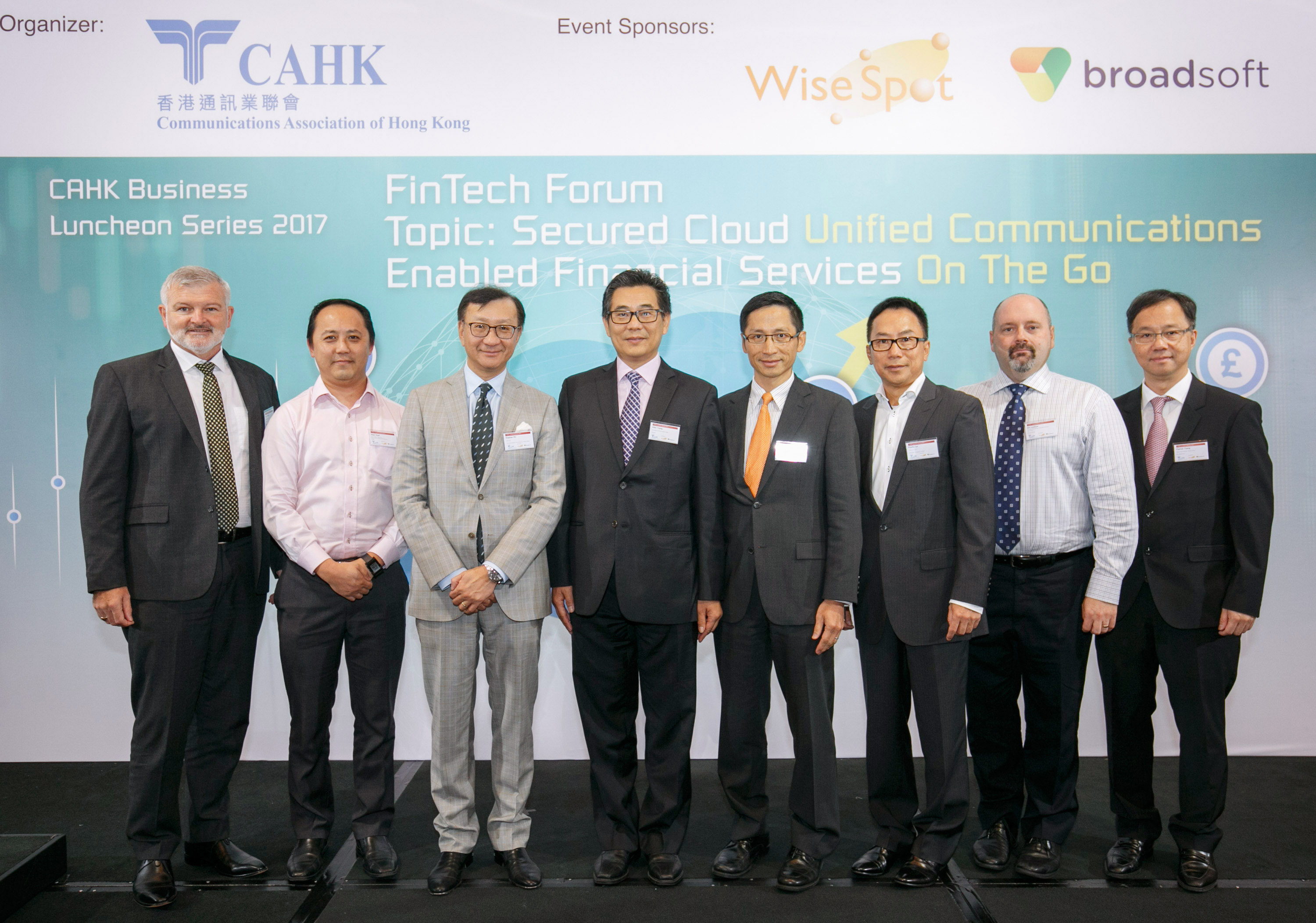 Ir Allen Yeung, Government Chief Information Officer, in group photo with Mr Stephen Ho, Chairman, CAHK (3rd left), Mr Brian Lee, Head, Operational, Technology & Treasury Risks Division, Banking Supervision Department, HKMA (4th right), Mr Sean Seah, Head of Digital Experience, HSBC (2nd left), Mr Franky Lai, Vice Chairman, CAHK (3rd right), Mr Kelvin Beadle, Vice President Asia, Broadsoft Inc. (leftmost) , Mr Iain Lockyer, Associate Vice President, Strategic Initiatives, Asia Pacific Broadsoft Inc. (2nd right) and Mr Patrick Tsang, Regional Sales Director, Greater China, Broadsoft Inc. (rightmost).