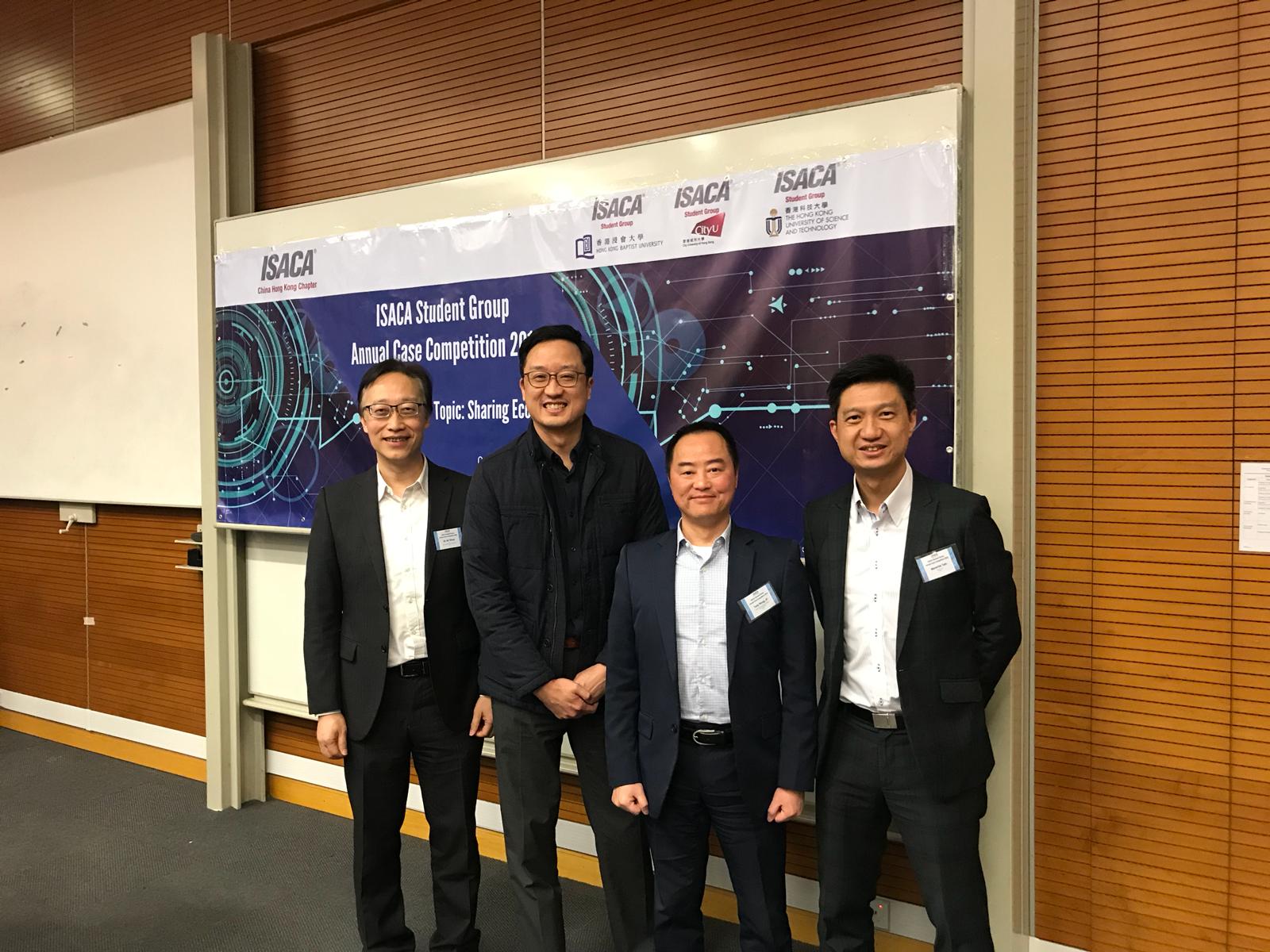 Mr. Tony Wong, Assistant Government Chief Information Officer (Industry Development) (Second right) with other judges, Dr SHUM Kam Hong, Director, Applied Cryptosystems of the Division of Security & Data Sciences, Hong Kong Applied Science and Technology (first left), Mr. Leroy YAU, President, ISACA China Hong Kong Chapter (second left) and Mr. Maverick TAM, Chief Risk Officer, Hong Kong Interbank Clearing Limited (first right) at the “ISACA Student Group Annual Case Competition 2019”.
