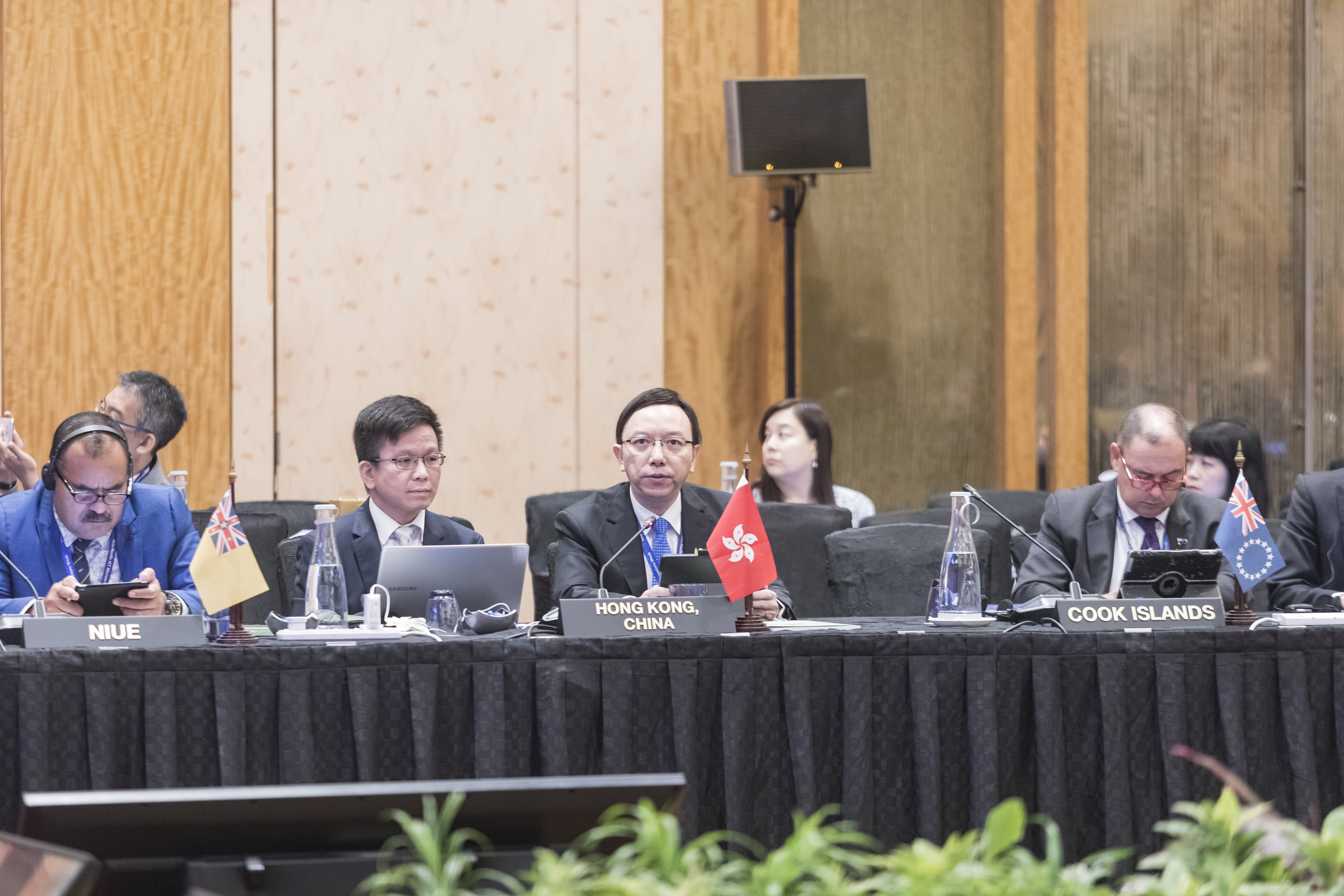 Mr. Victor Lam, Government Chief Information Officer (middle), delivers Hong Kong, China's Statement at the “Asia-Pacific ICT Ministerial Meeting 2019”.