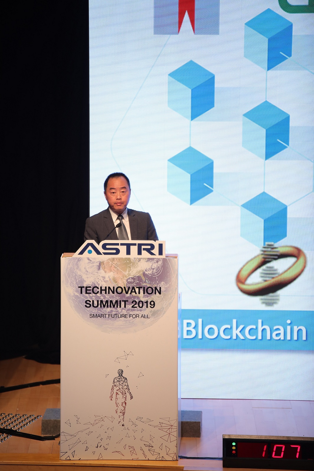 Mr. Tony Wong, Assistant Government Chief Information Officer (Industry Development) speaks at the “Technovation Summit 2019”.