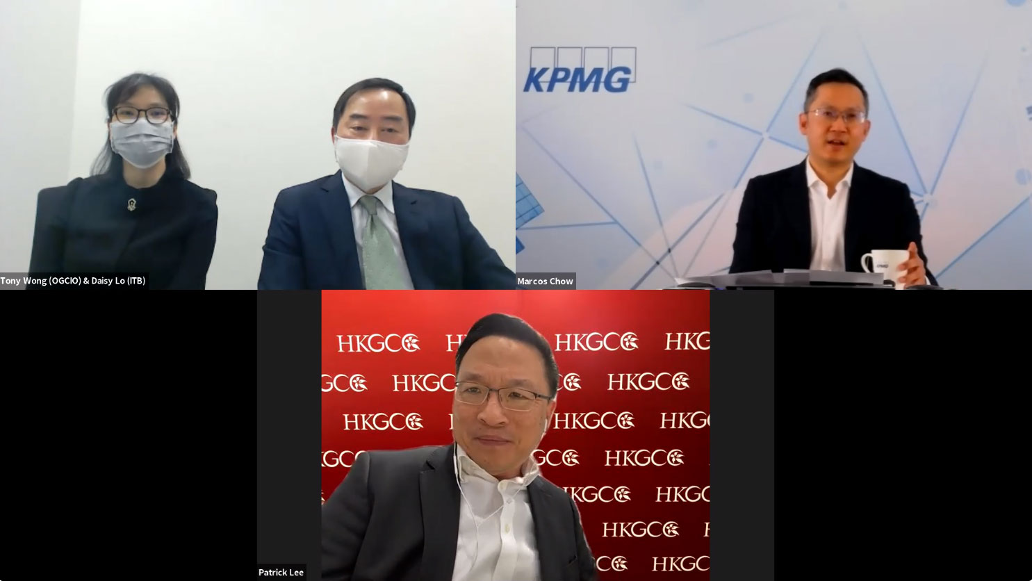 Mr. Tony Wong, Deputy Government Chief Information Officer (top middle); and Ms. Daisy Lo, Principal Assistant Secretary for Innovation & Technology (top left), join panel discussion with Mr. Marcos Chow, Partner, IT Advisory/Head of Technology Enablement of KPMG China (top right); and Mr. Patrick Lee, Convenor of HKGCC Smart City Working Group (bottom).