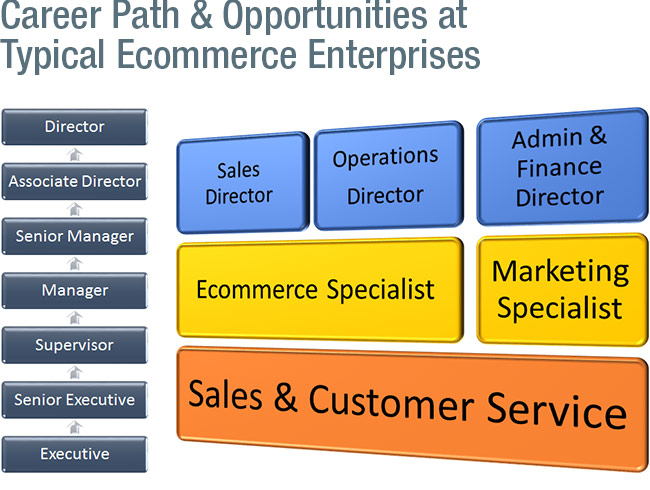 Career Path: Typical career path at eCommerce Enterprises covers Executive, Senior Executive, Supervisor, Manager, Senior Manager, Associate Director and Director․  Basically there are five building blocks under the company structure: the bottom layer is the Sales & Customer Service, the middle layer is the eCommerce Specialist and Marketing Specialist, and the top layer is the Sales Director and Operations Director, and the Admin & Finance Director․