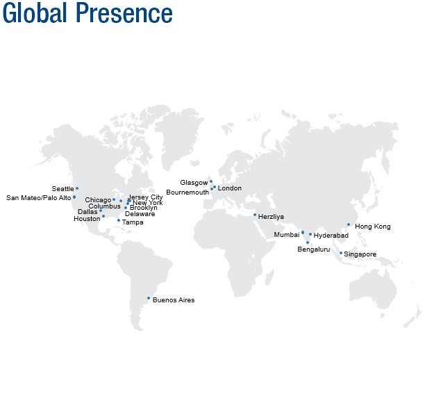 Global Presence: The company has established offices in different countries and cities which include Hong Kong, Singapore, Hyderabad, Bengaluru, Mumbai, Herzliya, London, Glasgow, Bournemouth, Buenos Aires, Jersey City, New York, Brooklyn, Delaware, Tampa, Chicago, Columbus, Dallas, Houston, Seattle and San Mateo/Palo Alto.