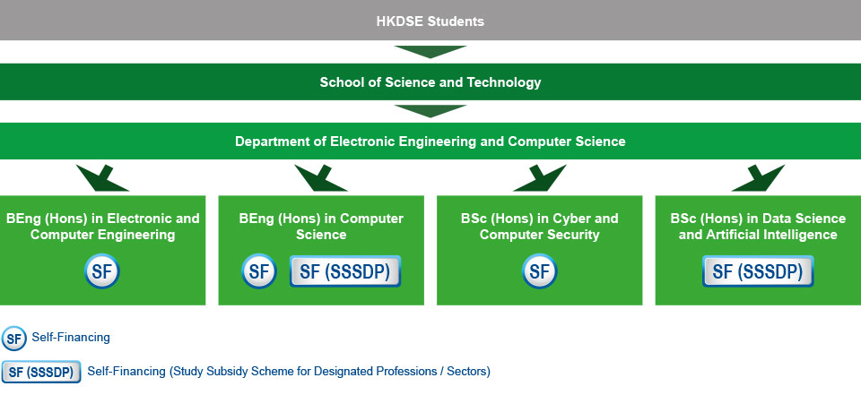 Under a 4-year curriculum, HKDSE students who are interested in studying IT-related programmes can apply for Bachelor of Engineering with Honours in Electronic and Computing Engineering (self-financing), Bachelor of Science with Honours in Computer Science (self-financing(Study Subsidy Scheme for Designated Professions / Sectors)), Bachelor of Science with Honours in Cyber and Computer Security (self-financing), or Bachelor of Science with Honours in Data Science and Artificial Intelligence (self-financing (Study Subsidy Scheme for Designated Professions / Sectors)) under the School of Science and Technology, Department of Electronic Engineering and Computer Science.