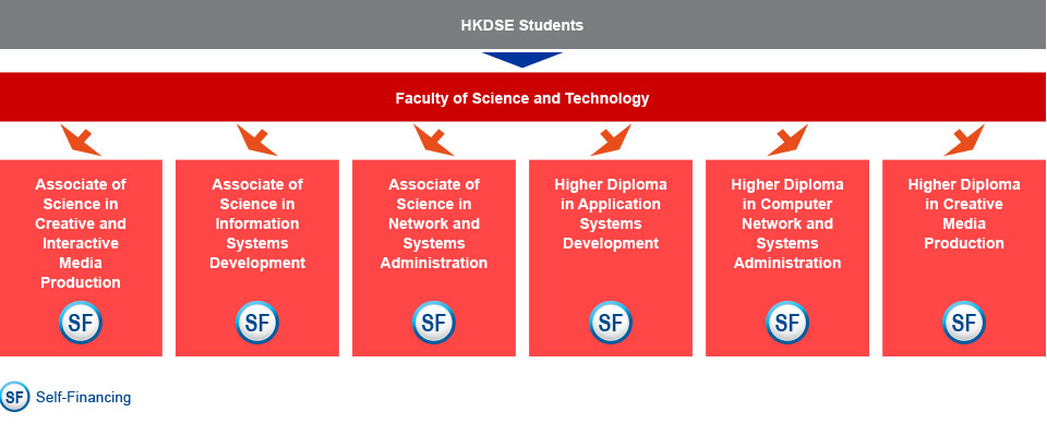 Under the Faculty of Science and Technology, HKDSE students who are interested in studying IT-related programmes can choose either Associate of Science in Creative and Interactive Media Production (self-financing), Associate of Science in Information Systems Development (self-financing), Associate of Science in Network and Systems Administration (self-financing), Higher Diploma in Application Systems Development (self-financing), Higher Diploma in Computer Network and Systems Administration (self-financing), or Higher Diploma in Creative Media Production (self-financing).