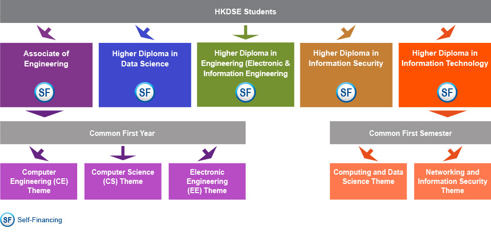 HKDSE students who are interested in studying IT-related programmes can choose to study either the Higher Diploma in Data Science (Self-financing), the Higher Diploma in Information Technology (Self-financing), the Higher Diploma in Information Security (Self-financing), the Higher Diploma in Engineering – Computer Engineering (Self-financing), or the Associate of Engineering (Self-financing). For the Associate of Engineering, after the 1st year Common core subjects, students can choose either Computer Engineering (CE) theme, Computer Science (CS) theme or Electronic Engineering (EE) theme in their 2nd year. For the Higher Diploma in Information Technology, after the 1st semester common core subjects , students can choose either Networking and Information Security theme or Computing and Data Science theme.