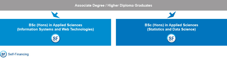 Associate degree / higher diploma graduates who are interested in studying IT-related programme can choose to study the BSc (Hons) in Applied Sciences (Information Systems and Web Technologies)  (self-financing), or BSc (Hons) in Applied Sciences (Statistics and Data Science) (self-financing).