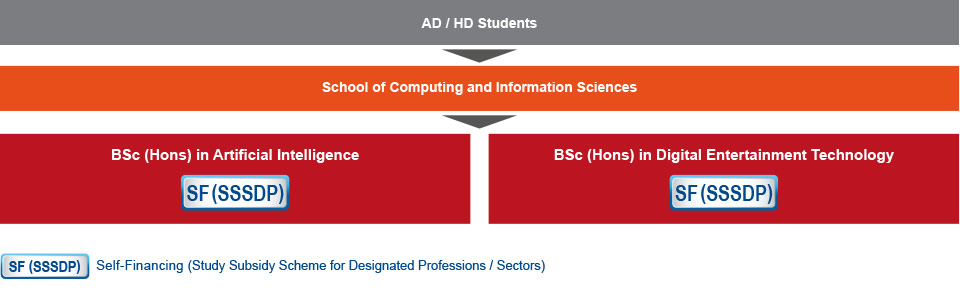 AD / HD students who are interested in studying IT-related programmes can apply for Year 2 or Year 3 Entry of the BSc (Hons) in Artificial Intelligence (self-financing) or BSc (Hons) in Digital Entertainment Technology (self-financing (Study Subsidy Scheme for Designated Professions / Sectors)) under the School of Computing and Information Sciences.