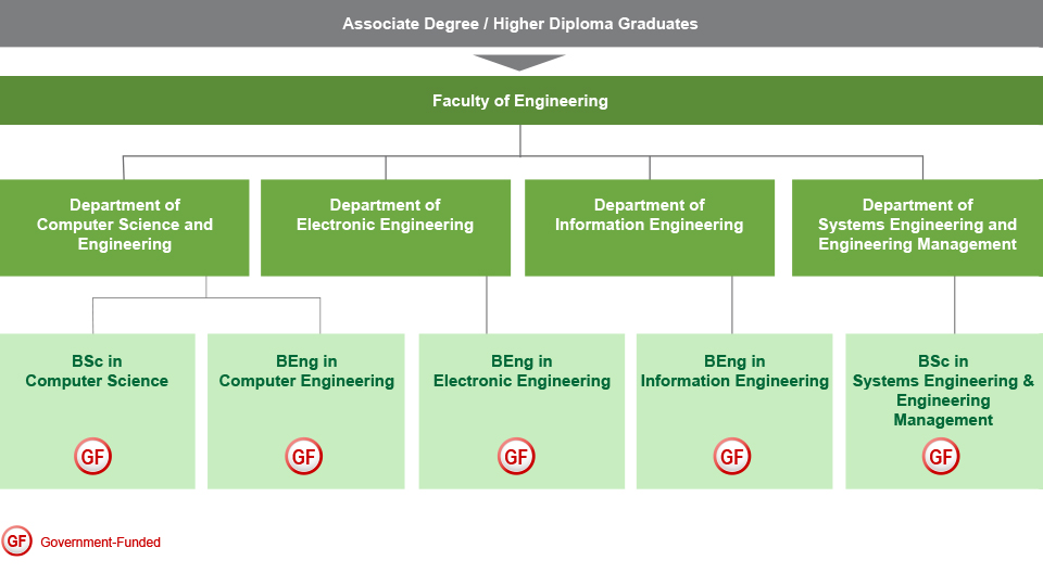 Under the senior year admission scheme, associate degree / higher diploma graduates who are interested in studying IT-related programmes will be admitted to the Faculty of Engineering. They can choose to study BSc in Computer Science (Government-funded) or BEng in Computer Engineering (Government-funded) offered by the Department of Computer Science and Engineering, BEng in Electronic Engineering (Government-funded) offered by the Department of Electronic Engineering, BEng in Information Engineering (Government-funded) offered by the Department of Information Engineering, or BEng in Systems Engineering & Engineering Management (Government-funded) offered by the Department of Systems Engineering and Engineering Management.