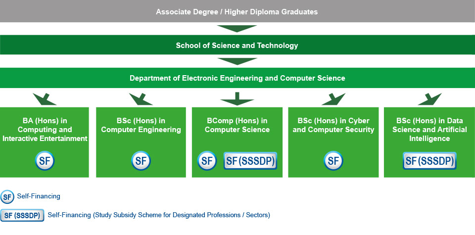 Associate degree / higher diploma graduates who are interested in studying IT-related programme can choose to study Bachelor of Arts with Honours in Computing and Interactive Entertainment (self-financing), Bachelor of Computing with Honours in Internet Technology (self-financing (Study Subsidy Scheme for Designated Professions / Sectors)), Bachelor of Science with Honours in Computing Engineering (self-financing), Bachelor of Computing with Honours in Computer Science (self-financing), Bachelor of Science with Honours in Cyber and Computer Security (self-financing), or Bachelor of Science with Honours in Data Science and Artificial Intelligence (self-financing (Study Subsidy Scheme for Designated Professions / Sectors)) under the School of Science and Technology.
