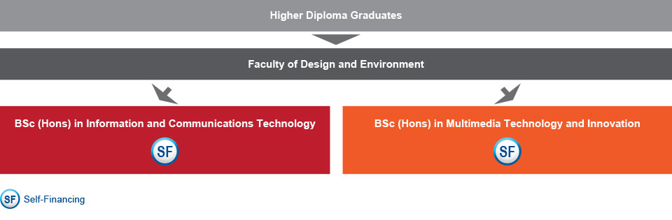Higher Diploma graduates who are interested in studying IT-related programmes can choose to study the Bachelor of Science (Honours) in Information and Communications Technology (self-financing), or Bachelor of Science (Honours) in Multimedia Technology and Innovation (self-financing) under the Department of Innovation and Information Technology of the Faculty of Design and Environment.