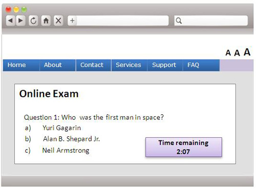 A webpage sample with a form questionnaire for an online exam with time remaining.
