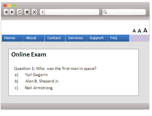 A webpage sample with a form questionnaire for an online exam with no time limit.