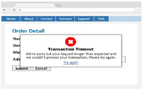 A webpage sample displaying a message box telling user the transaction has been timeout.