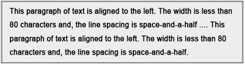 A paragraph sample which is Level AAA compliant, as the width is less than 80 characters and the spacing is space and a half.
