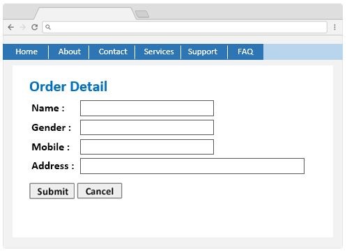 A webpage sample of white background containing an online input form where the textboxes are highlighted in light grey colour and surrounded by dark borders.