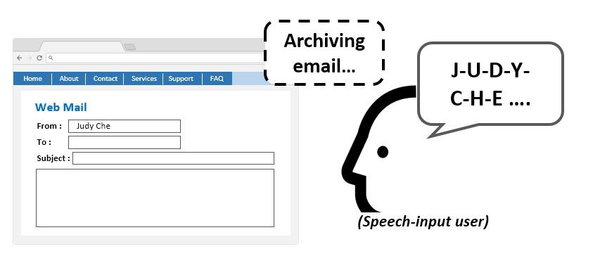 A webpage sample to illustrate a speech input user reads "J U D Y C H E" to input text into an input field.