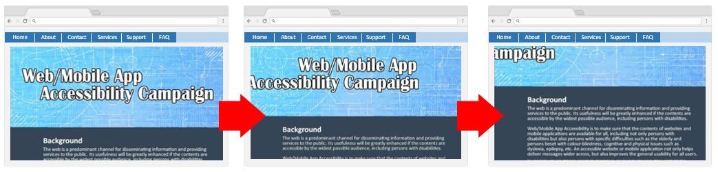 A series of webpage samples displaying an animation on the top banner after user scroll downs the webpage.