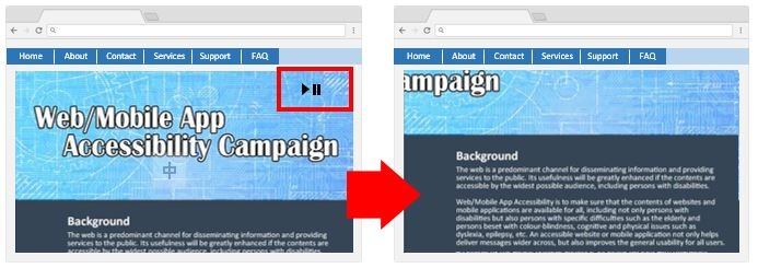 A series of webpage samples illustrating a button on the top banner for user to disable non-essential animation.