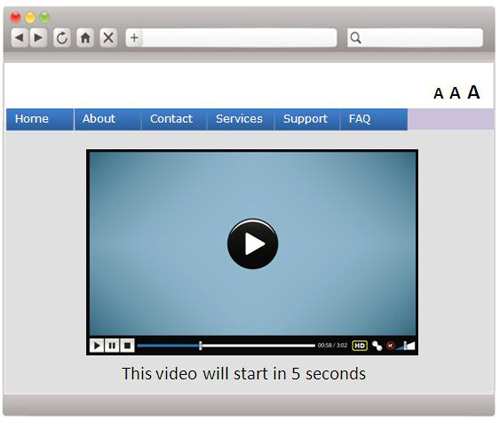 A webpage sample containing a video, accompanied by text saying that it will start in five seconds.