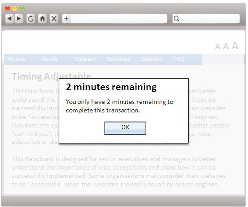 A webpage sample containing a content overlay which warns the user that there are only two minutes remaining.