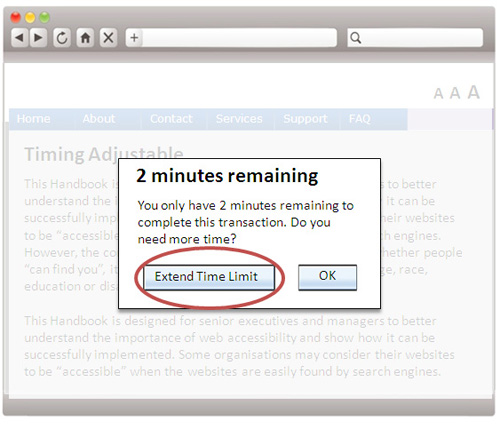 A webpage sample containing a content overlay which warns the user that there are only two minutes remaining with an option for the user to extend the time limit.