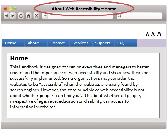 A website sample in a browser window titled 'Web Browser – Web Accessibility – Hong Kong – Home page'.