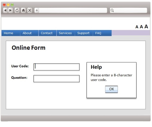 A web form sample where information appear after the mouse cursor focuses on one of the form fields.