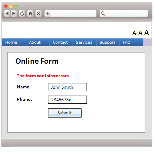 A web form sample with an error message 'The form contains errors'