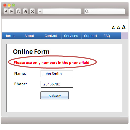 A web form sample with an error message 'Please use only numbers in the phone field'.