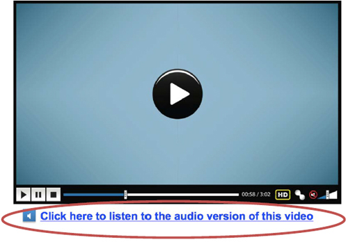 An image of a video player with a link to allow the user to access an audio description of the video.