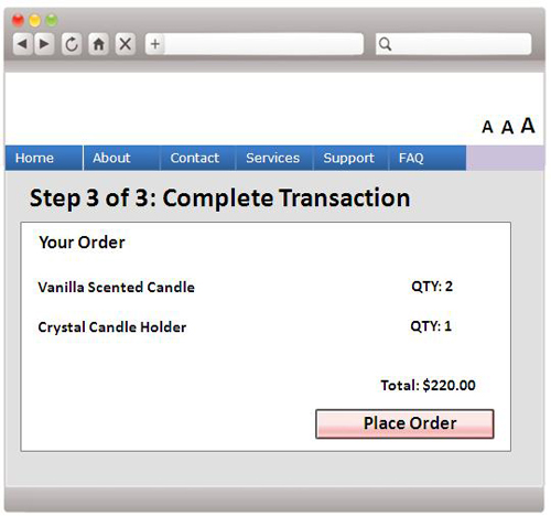 A web form sample containing a button to 'Place Order' as the last step of a transaction. 