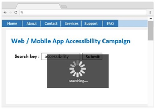 A webpage sample displayed with a spinning logo with a text 'Searching' embedded in the logo.  However screen reader cannot read the text “Searching” embedded in the spinning logo.