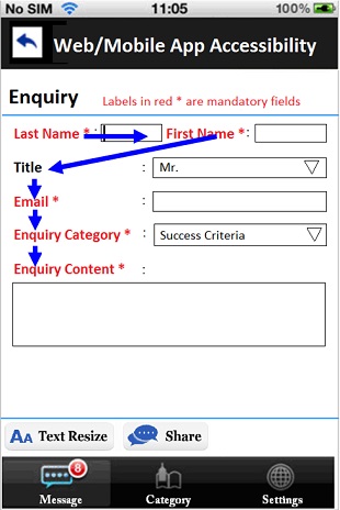 A sample mobile application page with an input form, where the field captions and input fields are in logical sequence.