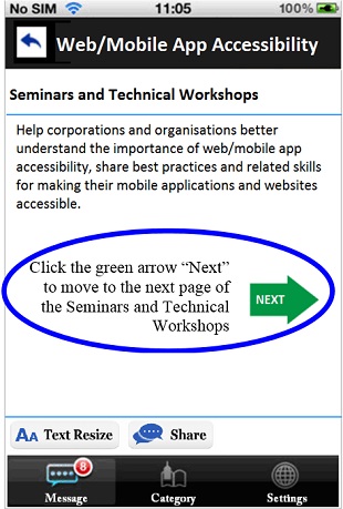 A sample mobile application page with instructional text added, and the arrow is now labelled as “Next”.