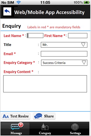 A sample mobile application page with an input form, where the mandatory fields’ labels are marked by adding asterisk and in red colour.