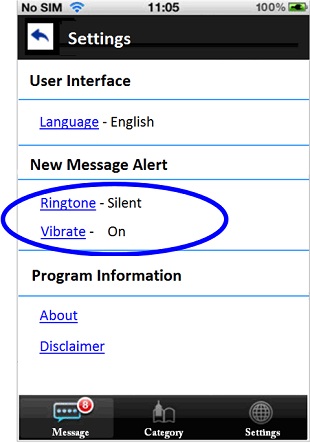 A sample mobile application setting page with both “Ringtone” and “Vibrate” options for the alert of new messages