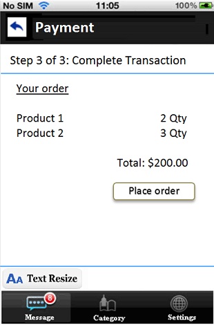 A sample mobile application page with a button to “Place Order” as the last step of a transaction.