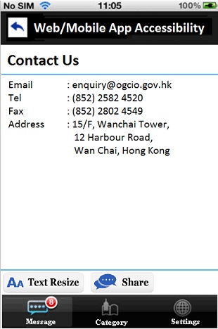 A sample mobile application page showing the contact information.