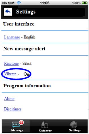 A sample mobile application setting page with both “Ringtone” and “Vibrate” options for the alert of new messages.
